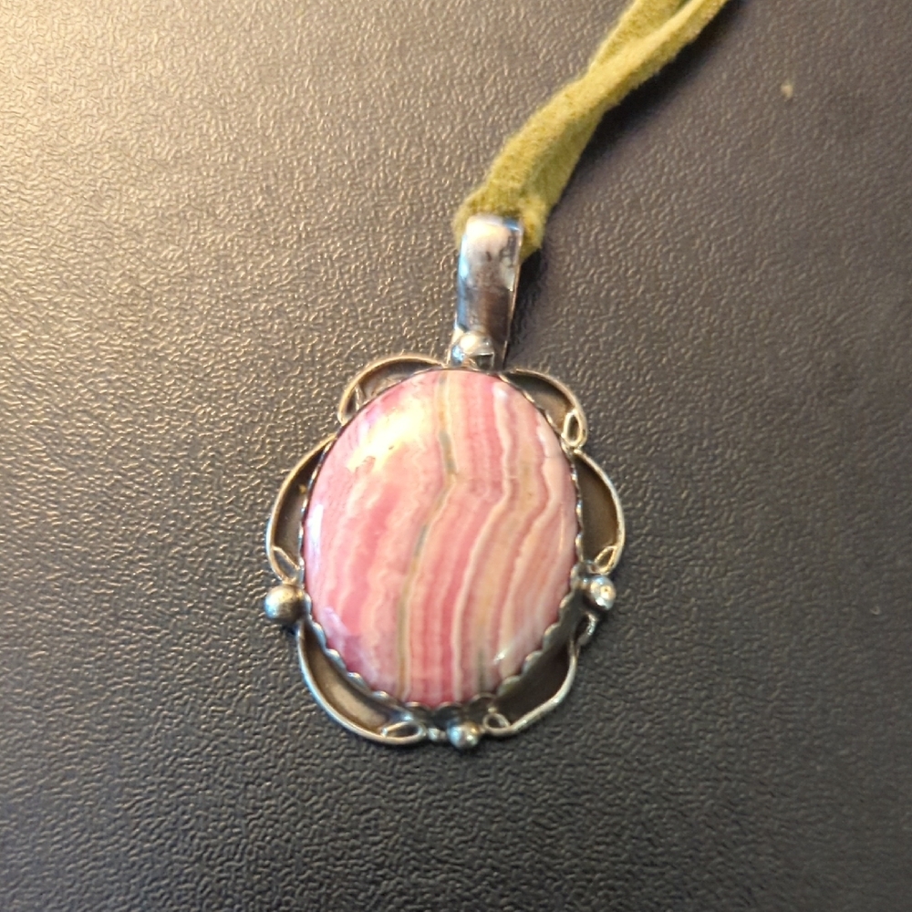 Signed Pink Rhodochrosite and Sterling Silver Pendant  And Suede Cord